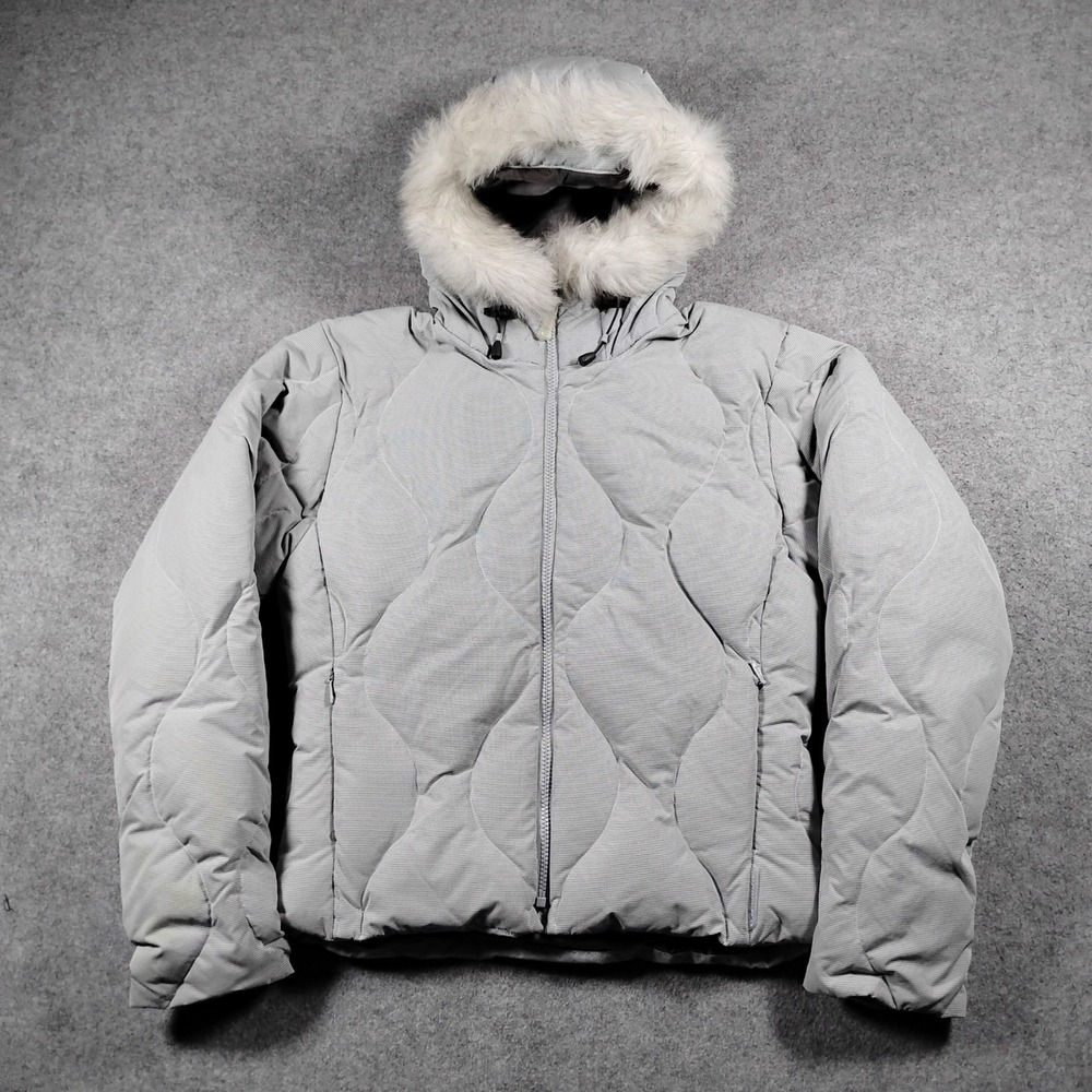 Salomon Women S Elixir Hooded Down Jacket Faux Fur Trim Grey Quilted Puffer Coat